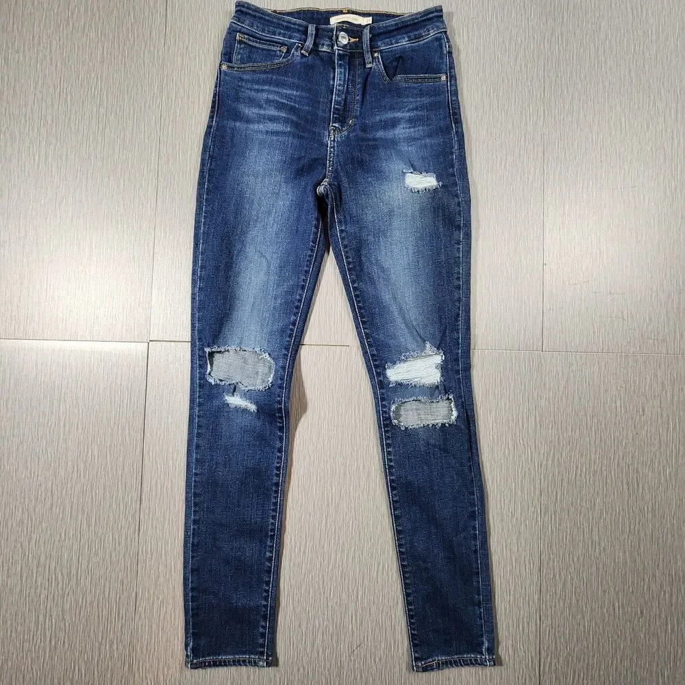 Levi’s 721 High Rise Skinny Stretch Distressed Dark Wash Jeans Womens Size 27 - Picture 1 of 12